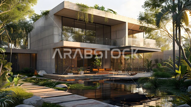 New architectural and urban development of homes in the Kingdom of Saudi Arabia, comfortable modern designs, close-up image of a modern home with luxurious modern-style decorations, upscale home garden, interest in landscaping and planting green plants, distinctive natural landscapes