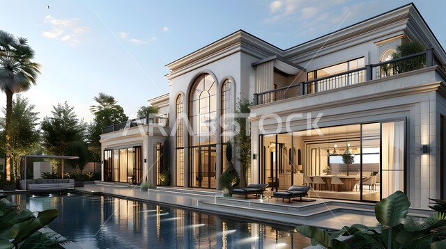 التطور الهندسي والعمراني الجديد للمنازل في المملكة العربية السعودية، تصميمات عصرية مريحة، صورة مقربة لمنزل حديث بديكورات فاخرة على الطراز الحديث، حديقة منزلية راقية، الاهتمام بالتشجير وزراعة النباتات الخضراء، مناظر طبيعية متميزة