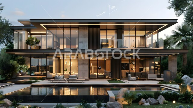 التطور الهندسي والعمراني الجديد للمنازل في المملكة العربية السعودية، تصميمات عصرية مريحة، صورة مقربة لمنزل حديث بديكورات فاخرة على الطراز الحديث، حديقة منزلية راقية، الاهتمام بالتشجير وزراعة النباتات الخضراء، مناظر طبيعية متميزة