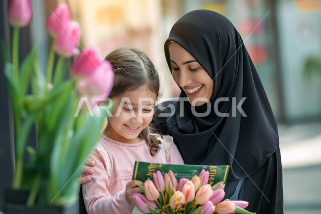  كروت التهنئة والهدايا المقدمة في الأعياد والمناسبات، إحياء ذكرى عيد الأم، مفهوم احترام وتقدير الوالدين، امرأة عربية خليجية سعودية محجبة ترتدي العباءة التقليدية تمسك بيدها كرت معايدة قدمه لها طفلتها الصغيرة، أم تحتضن ابنتها في جو مليء بالحب والعطف والحنان