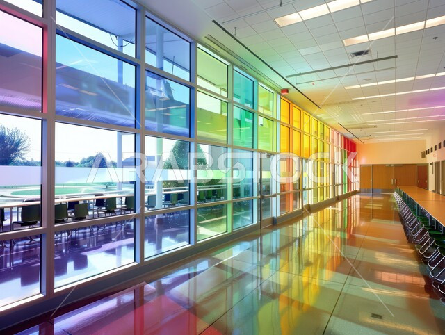 الفن الهندسي المعماري على الطراز الحديث في مدارس المملكة العربية السعودية، النمو والتقدم العمراني، الواجهة الزجاجية لأبواب ونوافذ المدرسة، تصاميم عصرية حديثة، ديكورات داخلية مميزة