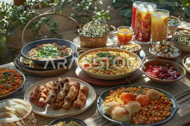 العزائم والولائم في الأعياد والمناسبات الإسلامية، المقبلات والأطباق والأصناف العربية الشرقية اللذيذة، مائدة طعام مليئة بالوجبات المتنوعة، سفرة من المأكولات الشعبية التقليدية الشهية، فنون  تقديم الطعام في مطاعم المملكة العربية السعودية