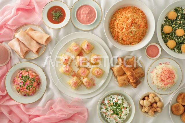 العزائم والولائم في الأعياد والمناسبات الإسلامية، المقبلات والأطباق والأصناف العربية الشرقية اللذيذة، مائدة طعام مليئة بالوجبات المتنوعة، سفرة من المأكولات الشعبية التقليدية الشهية، فنون  تقديم الطعام في مطاعم المملكة العربية السعودية