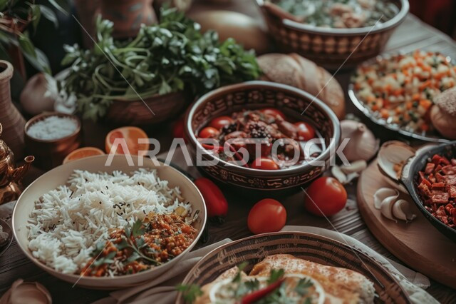 العزائم والولائم في الأعياد والمناسبات الإسلامية، المقبلات والأطباق والأصناف العربية الشرقية اللذيذة، مائدة طعام مليئة بالوجبات المتنوعة، سفرة من المأكولات الشعبية التقليدية الشهية، فنون  تقديم الطعام في مطاعم المملكة العربية السعودية