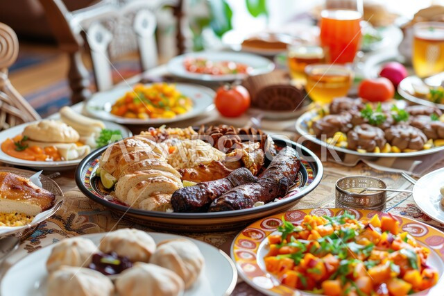 العزائم والولائم في الأعياد والمناسبات الإسلامية، المقبلات والأطباق والأصناف العربية الشرقية اللذيذة، مائدة طعام مليئة بالوجبات المتنوعة، سفرة من المأكولات الشعبية التقليدية الشهية، فنون  تقديم الطعام في مطاعم المملكة العربية السعودية