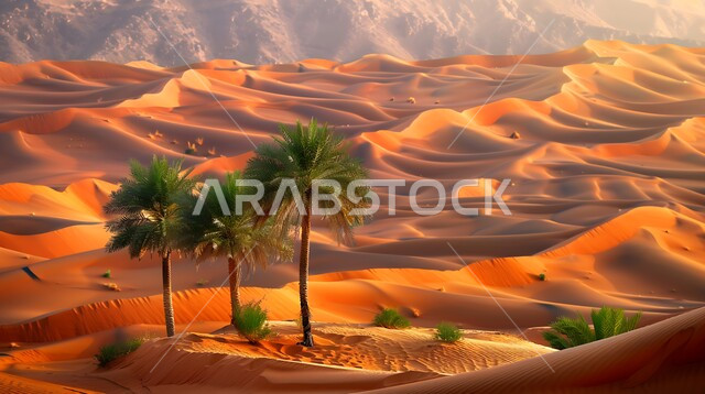 البيئة الجافة في المملكة العربية السعودية, صورة ثلاثية الابعاد للنباتات الشوكية وأشجار النخيل الخضراء وسط  الرمال الذهبيه الناعمة في المناطق الصحراوية، الصحراء والمناطق البرية البدوية، الكثبان والتلال الرملية المتشكلة