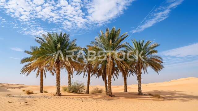 Dry environment in Saudi Arabia, 3D image of thorny plants and green palm trees amidst soft golden sand in desert areas, desert and Bedouin wilderness areas, sand dunes and hills formed