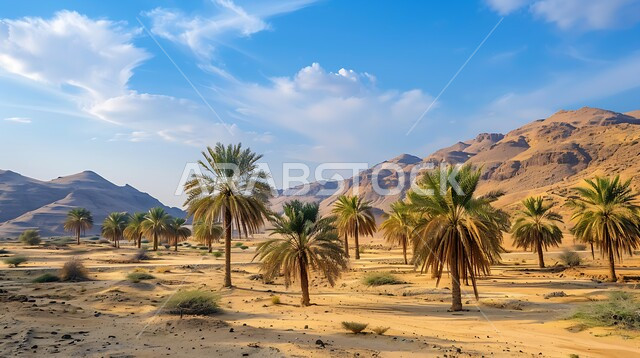 Dry environment in Saudi Arabia, 3D image of thorny plants and green palm trees amidst soft golden sand in desert areas, desert and Bedouin wilderness areas, sand dunes and hills formed