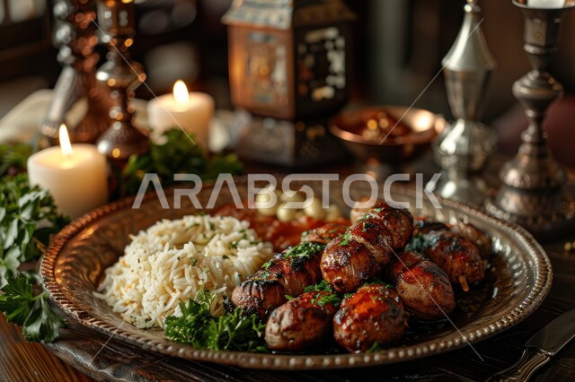 المطاعم في المملكة العربية السعودية، صورة مقربة لطبق نحاسي يحوي الأرز واللحم المشوي الشهي، فن تقديم الطعام، وجبات غذائية غنية بالروتين، مفهوم ترتيب وتزيين الأطباق