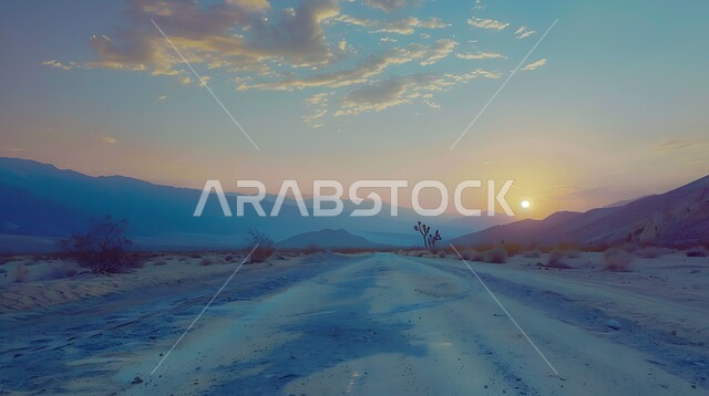 الصحراء والمناطق البرية البدوية، النباتات الشوكية في البيئة الجافة في المملكة العربية السعودية, الرمال الذهبيه الناعمة في المناطق الصحراوية والجبلية، التشكلات والتكونات الصخرية على قمم الجبال، الكثبان والتلال الرملية المتشكلة، خلفية السماء عند غروب الشمس