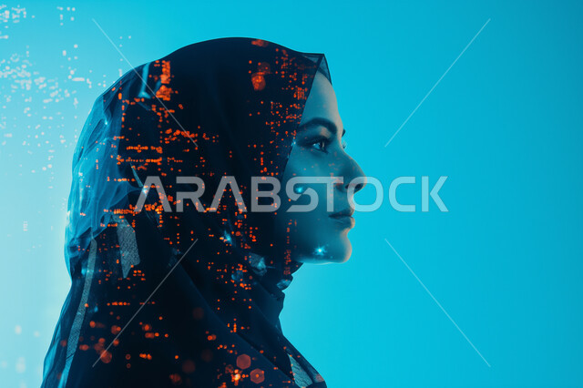 Future technology and artificial intelligence, progress and development of digital technology, close-up portrait from the side of a Saudi Arabian Gulf woman wearing hijab and abaya thinking and reviewing technical information memory, blue background with 3D holographic icons in different shapes