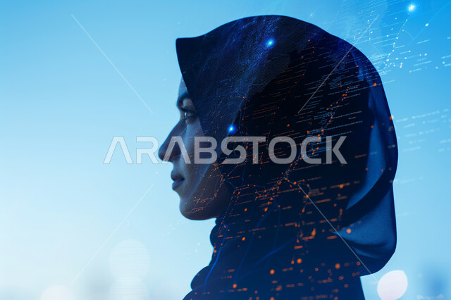 تكنولوجيا المستقبل و الذكاء الاصطناعي، تقدم وتطور التكنولوجيا الرقمية، بورتريه مقرب من الجانب لإمرأة عربية خليجية سعودية ترتدي الحجاب والعباءة تقوم بالتفكير ومراجعة ذاكرة المعلومات التقنية، خلفية زرقاء مع أيقونات هولوجرامية ثلاثية الابعاد بأشكال مختلفة