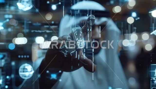 التحول الرقمي والتقدم التقني، صورة مقربة لرجل عربي خليجي سعودي يرتدي الثوب التقليدي والشماغ ينظر الى الشاشة المضيئة ويحاول تقريب شيء ما، استخدام التقنيات الحديثة والتكنولوجيا، رؤية مستقبلية سعودية 2030