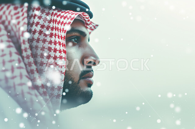 تقدم وتطور التكنولوجيا الرقمية، تكنولوجيا المستقبل و الذكاء الاصطناعي، بورتريه مقرب من الجانب لرجل عربي خليجي سعودي يرتدي الثوب التقليدي والشماغ يقوم بالتفكير ومراجعة ذاكرة المعلومات التقنية، خلفية ملونة مع أيقونات هولوجرامية ثلاثية الابعاد بأشكال مختلفة