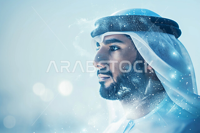 تقدم وتطور التكنولوجيا الرقمية، تكنولوجيا المستقبل و الذكاء الاصطناعي، بورتريه مقرب من الجانب لرجل عربي خليجي سعودي يرتدي الثوب التقليدي والشماغ يقوم بالتفكير ومراجعة ذاكرة المعلومات التقنية، خلفية ملونة مع أيقونات هولوجرامية ثلاثية الابعاد بأشكال مختلفة