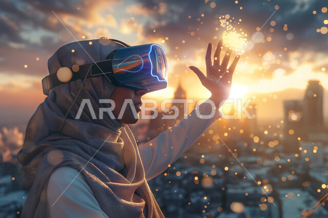 استخدام الأجهزة والتكنولوجيا المتطورة, صورة مقربة لإمرأة عربية خليجية سعودية محجبة ترتدي نظارة في آر ثلاثية الأبعاد ترفع يدها في محاولة للمس العناصر الهولوجرامية، المتعة والتسلية بمحاكاة العالم الخيالي، التفاعل مع الواقع الافتراضي، خلفية الأبراج وناطحات السحاب