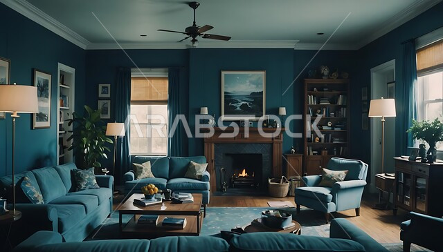 Luxury residential apartments and villas, quality modern designs in Saudi Arabia, high-end home decorations and furniture in modern style, distinctive bold colors for living rooms, the concept of elegance and arrangement
