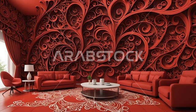 Red decorations, engravings and drawings on the walls of a tourist apartment, the quality of modern designs in the Kingdom of Saudi Arabia, and the high-end home decorations and furniture in the modern style, the distinctive bold colors for living rooms, the concept of elegance and arrangement, high-end residential villas