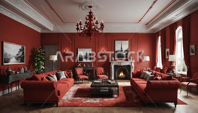 Quality of modern designs in Saudi Arabia, high-end home decorations and furniture in modern style, distinctive bold colors for living rooms, the concept of elegance and arrangement, high-end residential apartments and villas