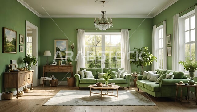 الديكورات الداخلية الراقية للفلل والشقق السكنية في المملكة العربية السعودية, اكسسوارات وتحف عصرية، التصاميم الداخلية لغرف الجلوس المريحة على الطراز الحديث، غرفة معيشة باللون الأخضر مع أثاث منزلي فاخر