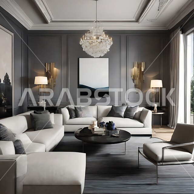 Architectural engineering art for villas and luxury homes, advanced design for modern facilities and buildings, attention to accessories in the living room, interior decorations for luxury hotels in the Kingdom of Saudi Arabia