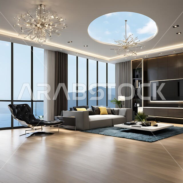 Enjoy the distinctive view of the living room, interior decorations of luxury hotels in Saudi Arabia, architectural engineering art for villas and luxury homes, advanced design of modern facilities and buildings