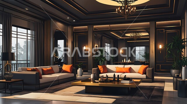 غرف استقبال بألوان داكنة في الفنادق السياحية, الديكورات الداخلية للمنتجعات الفاخرة في المملكة العربية السعودية, التصميم المتطور للمنشآت والمباني العصرية الحديثة، الفن الهندسي المعماري للفلل والمنازل الراقية، الاهتمام بالاكسسوارات والزينة