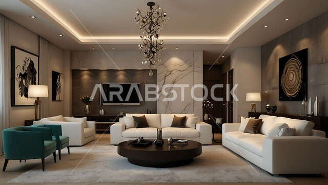 اللوحات الجدارية برسومات متميزة, الفن الهندسي المعماري على الطراز الحديث, جودة التصاميم الفنية لديكورات الفلل والشقق السكنية, الاثاث المنزلي الراقي بالألوان الهادئة لغرف المعيشة في المنزل