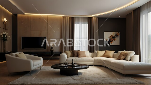 اللوحات الجدارية برسومات متميزة, الفن الهندسي المعماري على الطراز الحديث, جودة التصاميم الفنية لديكورات الفلل والشقق السكنية, الاثاث المنزلي الراقي بالألوان الهادئة لغرف المعيشة في المنزل