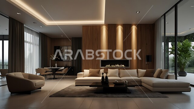 شقق وفلل سكنية بتصاميم وديكورات داخلية حديثة ومتميزة، غرفة معيشة بإطلالة على الطبيعة والأشجار الخضراء، أثاث وتحف واكسسوارات منزلية راقية، فنادق ومنتجعات فاخرة، نوافذ زجاجية كبيرة