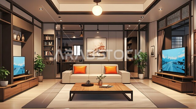 اللوحات الجدارية برسومات متميزة, الفن الهندسي المعماري على الطراز الحديث, جودة التصاميم الفنية لديكورات الفلل والشقق السكنية, الاثاث المنزلي الراقي بالألوان الهادئة لغرف المعيشة في المنزل