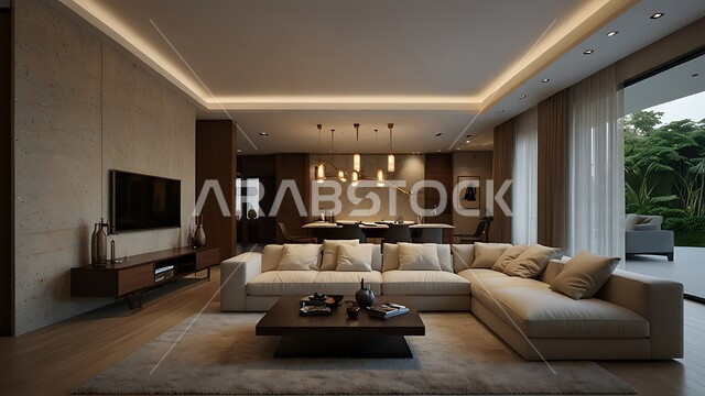 الديكورات الداخلية للشقق الفاخرة في المملكة العربية السعودية, التصميم المتطور للمنشآت والمباني العصرية الحديثة بالألوان المريحة، الفن الهندسي المعماري للفلل والمنازل الراقية، غرفة معيشة مع طاولة وشاشة معلقة على الجدار