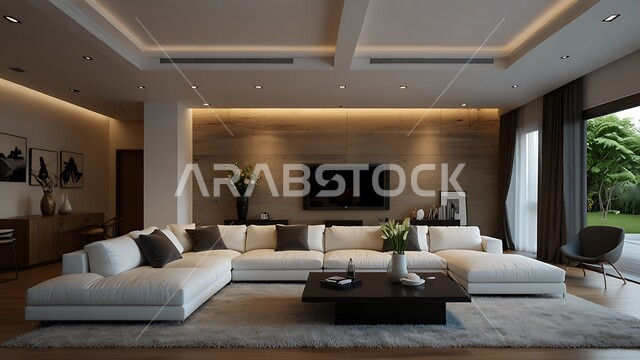 الديكورات الداخلية للشقق الفاخرة في المملكة العربية السعودية, التصميم المتطور للمنشآت والمباني العصرية الحديثة بالألوان المريحة، الفن الهندسي المعماري للفلل والمنازل الراقية، غرفة معيشة مع طاولة وشاشة معلقة على الجدار