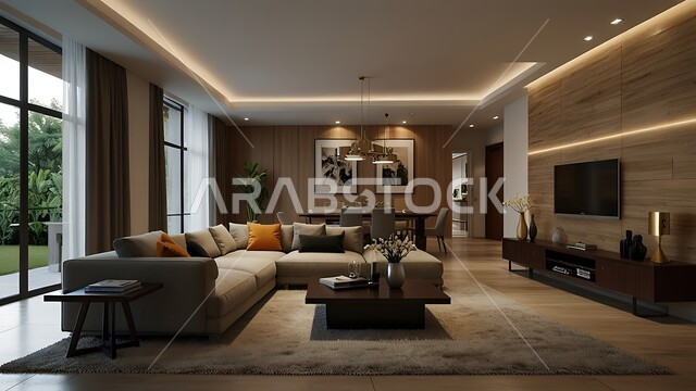 فنادق ومنتجعات فاخرة، نوافذ زجاجية كبيرة, شقق وفلل سكنية بتصاميم وديكورات داخلية حديثة ومتميزة، غرفة معيشة بإطلالة على الطبيعة والأشجار الخضراء، أثاث وتحف واكسسوارات منزلية راقية