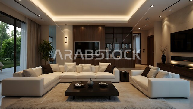 الديكورات الداخلية للشقق الفاخرة في المملكة العربية السعودية, التصميم المتطور للمنشآت والمباني العصرية الحديثة بالألوان المريحة، الفن الهندسي المعماري للفلل والمنازل الراقية، غرفة معيشة مع طاولة وشاشة معلقة على الجدار