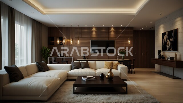 Interior decoration of luxury apartments in Saudi Arabia, advanced design of modern facilities and buildings in comfortable colors, architectural engineering art of villas and high-end homes, living room with table and screen hanging on the wall