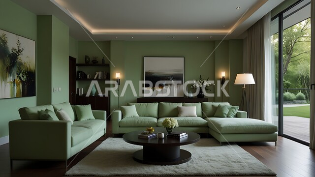 اللوحات الجدارية برسومات متميزة, الفن الهندسي المعماري على الطراز الحديث, جودة التصاميم الفنية لديكورات الفلل والشقق السكنية, الاثاث المنزلي الراقي بالألوان الهادئة لغرف المعيشة في المنزل