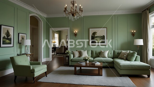 اللوحات الجدارية برسومات متميزة, الفن الهندسي المعماري على الطراز الحديث, جودة التصاميم الفنية لديكورات الفلل والشقق السكنية, الاثاث المنزلي الراقي بالألوان الهادئة لغرف المعيشة في المنزل