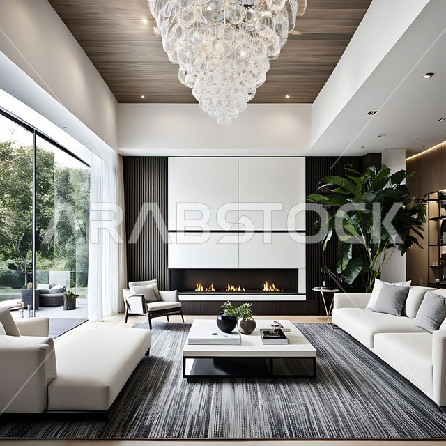 شقق وفلل سكنية بتصاميم وديكورات داخلية حديثة ومتميزة، غرفة معيشة بإطلالة على الطبيعة والأشجار الخضراء، أثاث وتحف واكسسوارات منزلية راقية، فنادق ومنتجعات فاخرة، نوافذ زجاجية كبيرة