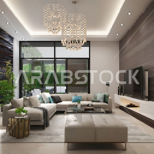 فنادق ومنتجعات فاخرة، نوافذ زجاجية كبيرة, شقق وفلل سكنية بتصاميم وديكورات داخلية حديثة ومتميزة، غرفة معيشة بإطلالة على الطبيعة والأشجار الخضراء، أثاث وتحف واكسسوارات منزلية راقية