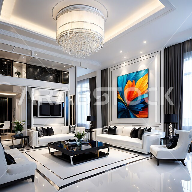 اللوحات الجدارية برسومات متميزة, الفن الهندسي المعماري على الطراز الحديث, جودة التصاميم الفنية لديكورات الفلل والشقق السكنية, الاثاث المنزلي الراقي بالألوان الهادئة لغرف المعيشة في المنزل