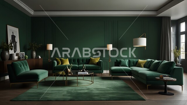 The concept of comfort and relaxation, elegance and order and the choice of the distinctive green color, high-end interior decorations for villas and residential apartments in the Kingdom of Saudi Arabia, modern accessories and antiques, interior designs for comfortable living rooms in a modern style, a living room with luxurious home furniture