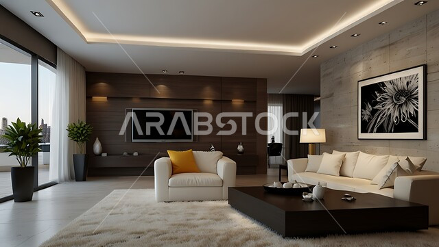 التصاميم الداخلية لغرف الجلوس على الطراز الحديث، ديكور داخلي راقي للفلل والشقق السكنية في المملكة العربية السعودية, مفهوم الأناقة والترتيب, غرفة معيشة مع أثاث منزلي فاخر