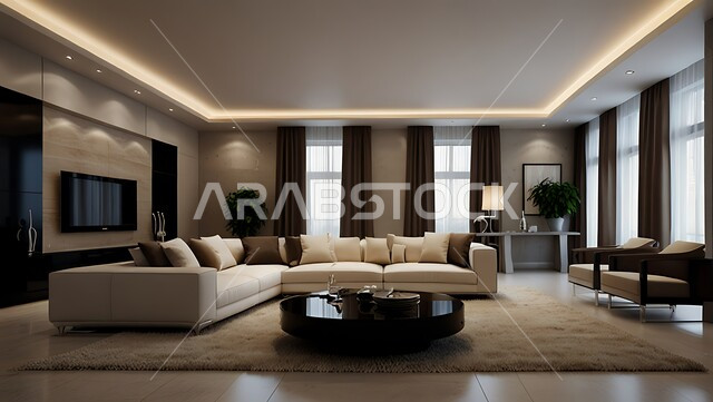 التصاميم الداخلية لغرف الجلوس على الطراز الحديث، ديكور داخلي راقي للفلل والشقق السكنية في المملكة العربية السعودية, مفهوم الأناقة والترتيب, غرفة معيشة مع أثاث منزلي فاخر