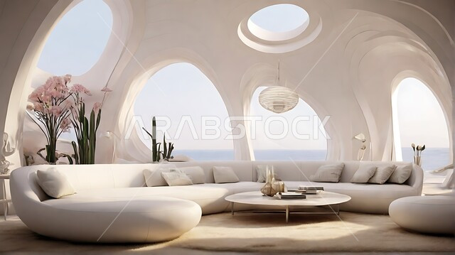 الاستمتاع بالجلسات الهادئة والاطلالة الطبيعية, التصاميم الفنية على الطراز الحديث, الديكورات والأثاث الراقي باللون الأبيض, الفن الهندسي المعماري للمنتجعات والفلل السياحية الفاخرة في المملكة العربية السعودية