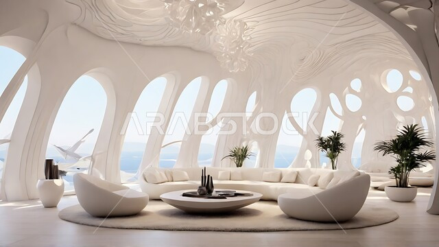 الاستمتاع بالجلسات الهادئة والاطلالة الطبيعية, التصاميم الفنية على الطراز الحديث, الديكورات والأثاث الراقي باللون الأبيض, الفن الهندسي المعماري للمنتجعات والفلل السياحية الفاخرة في المملكة العربية السعودية