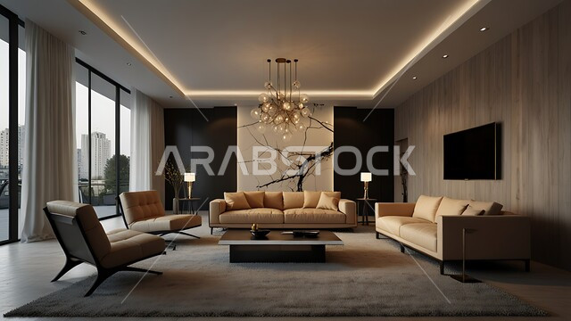 الاطلالة المتميزة عبر النوافذ الزجاجية في الشقق والفلل السكنية, الاثاث المنزلي الراقي, مفهوم الترتيب والأناقة المنزلية, التصاميم العصرية على الطراز الحديث بألوان هادئة ومريحة, الهندسة المعمارية الفنية المتطورة لغرف المعيشة الفاخرة