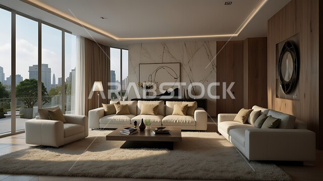 الاطلالة المتميزة عبر النوافذ الزجاجية في الشقق والفلل السكنية, الاثاث المنزلي الراقي, مفهوم الترتيب والأناقة المنزلية, التصاميم العصرية على الطراز الحديث بألوان هادئة ومريحة, الهندسة المعمارية الفنية المتطورة لغرف المعيشة الفاخرة