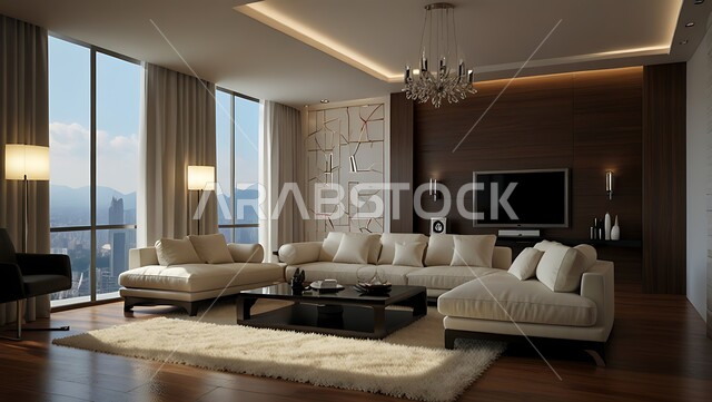 الاطلالة المتميزة عبر النوافذ الزجاجية في الشقق والفلل السكنية, الاثاث المنزلي الراقي, مفهوم الترتيب والأناقة المنزلية, التصاميم العصرية على الطراز الحديث بألوان هادئة ومريحة, الهندسة المعمارية الفنية المتطورة لغرف المعيشة الفاخرة