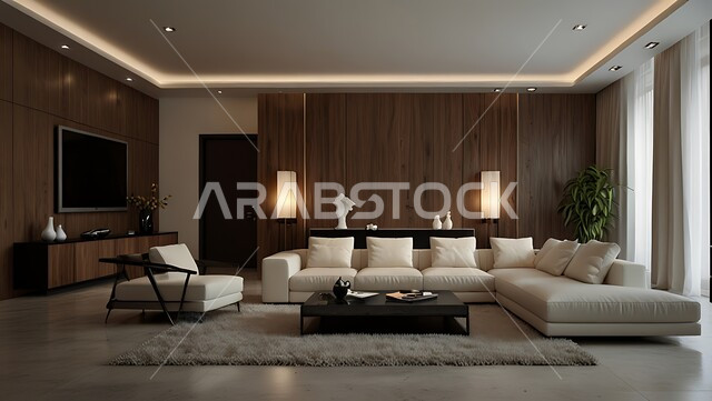 التصاميم الداخلية لغرف الجلوس على الطراز الحديث، ديكور داخلي راقي للفلل والشقق السكنية في المملكة العربية السعودية, مفهوم الأناقة والترتيب, غرفة معيشة مع أثاث منزلي فاخر